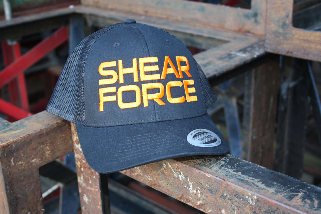 Orange on Black embroided retro trucker cap - SHEARFORCE Power Products Limited
