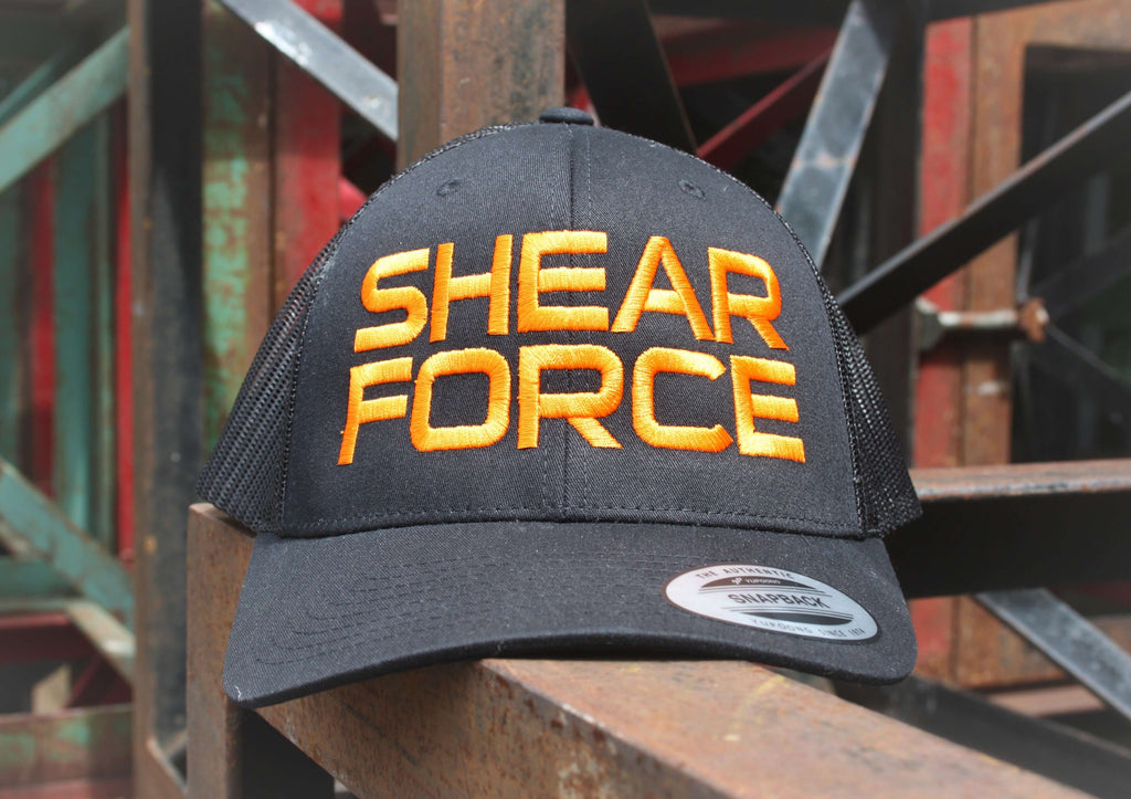 Orange on Black embroided retro trucker cap - SHEARFORCE Power Products Limited